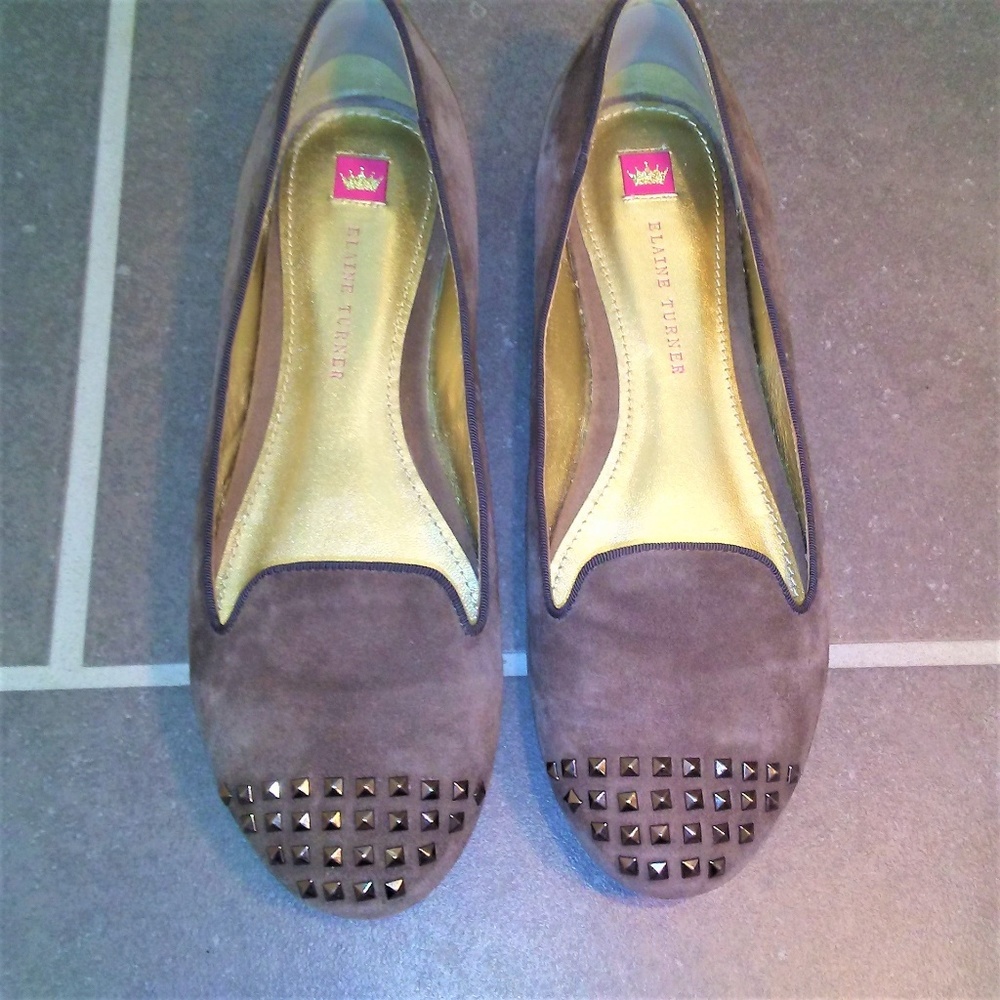 Elaine Turner Flats Mocha Suede Slip Ons w‎ Box Stud Detail Womens 9